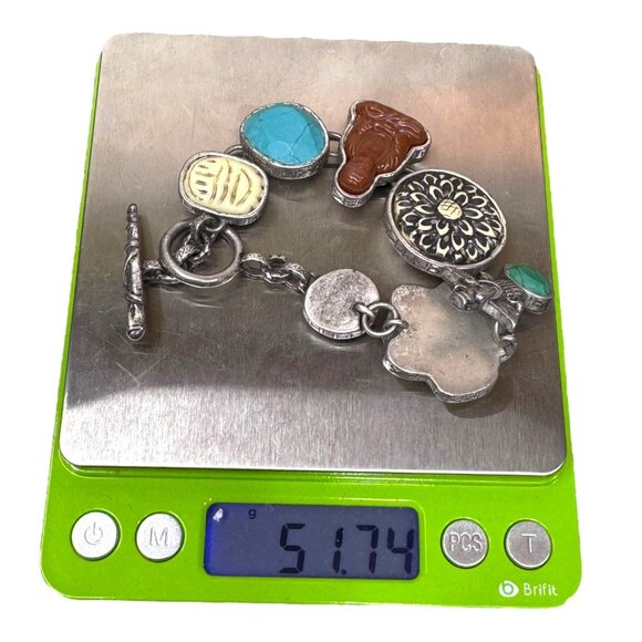 Vtg Tibetan Silver Stone Toggle Bracelet Scarab Turtle Totem Buddha Turquoise - Picture 5 of 9